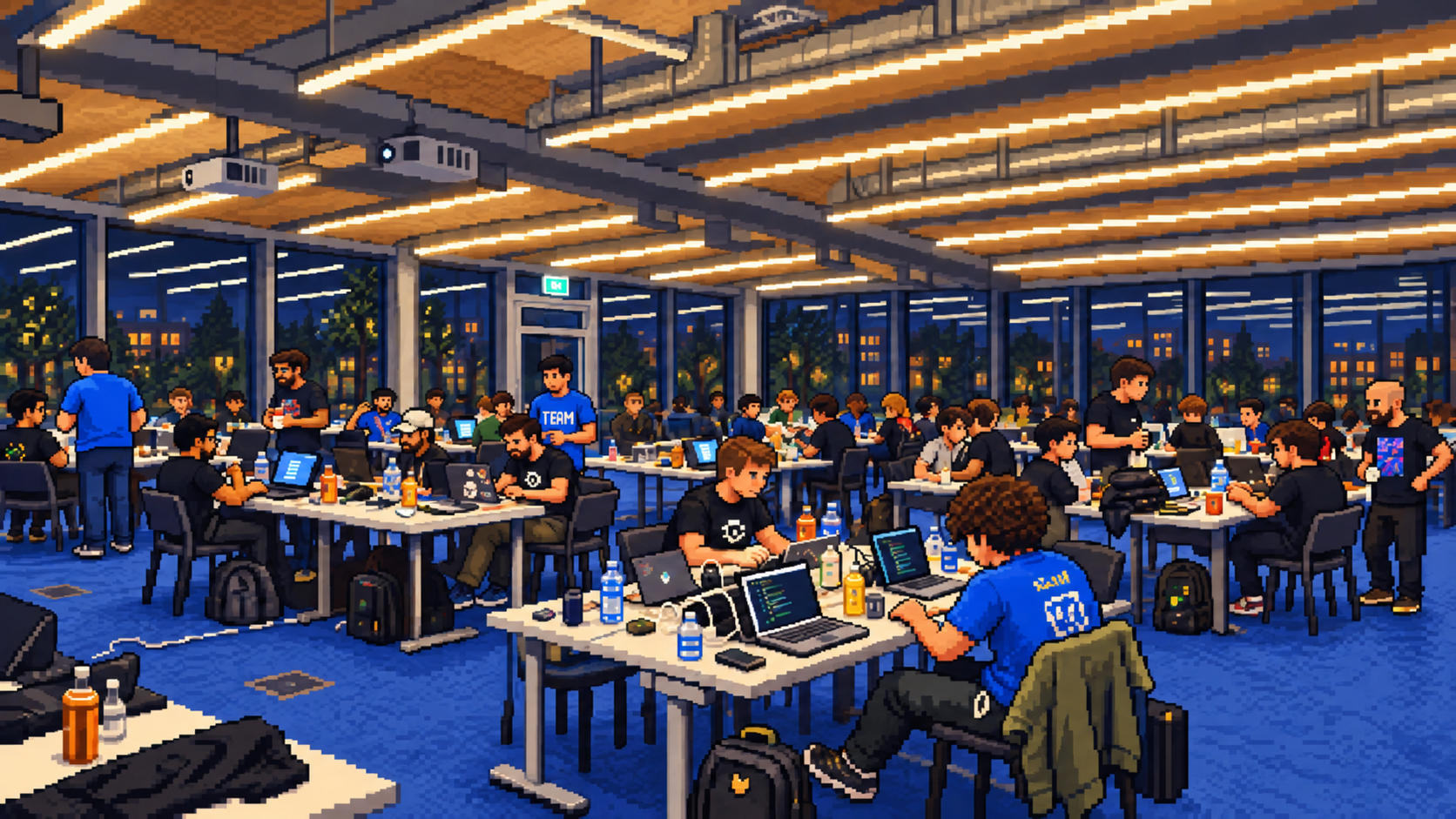 Participants working on laptops around tables at an indoor technology event